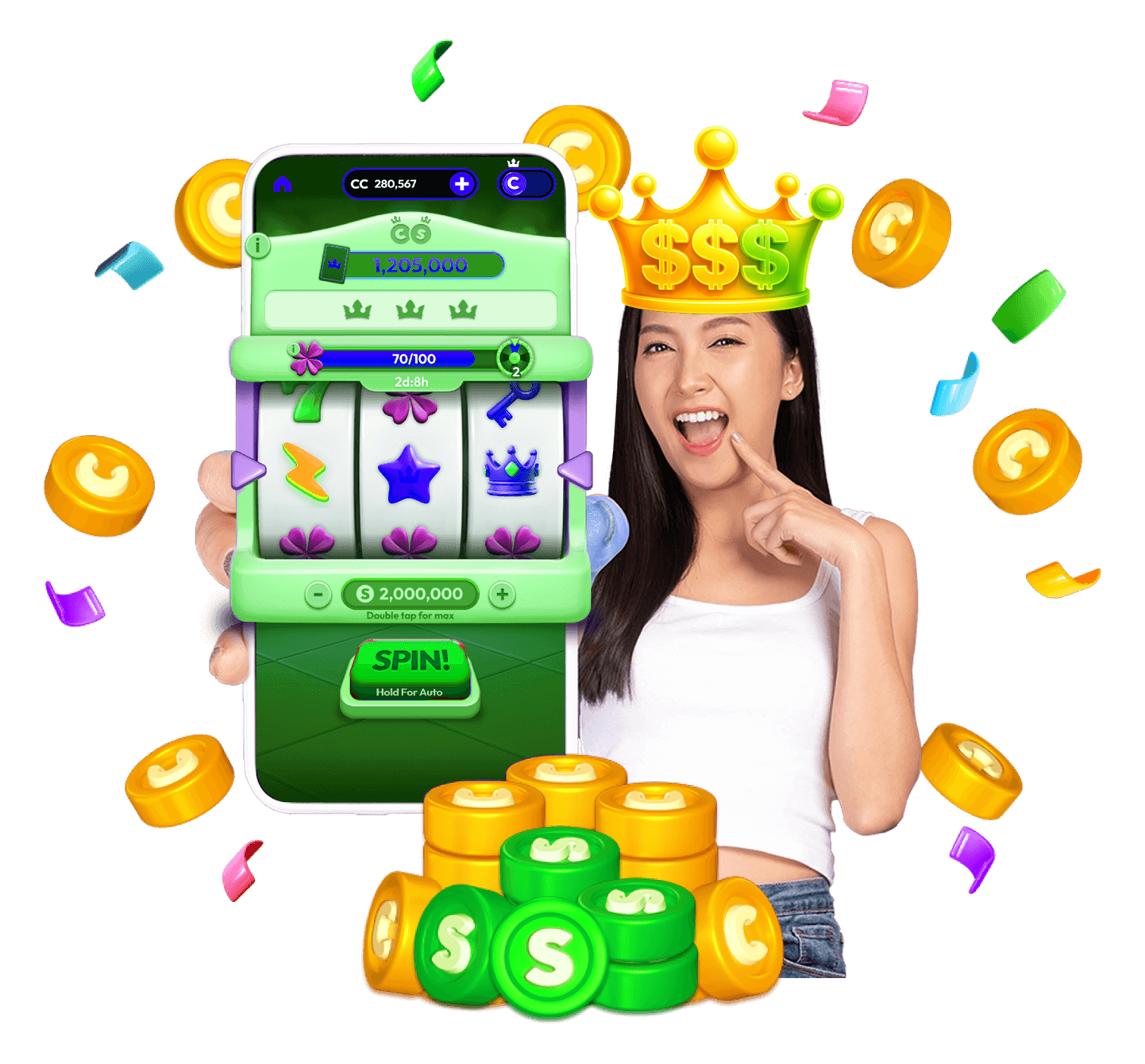 Excited player with Crown Coins Casino slot machine